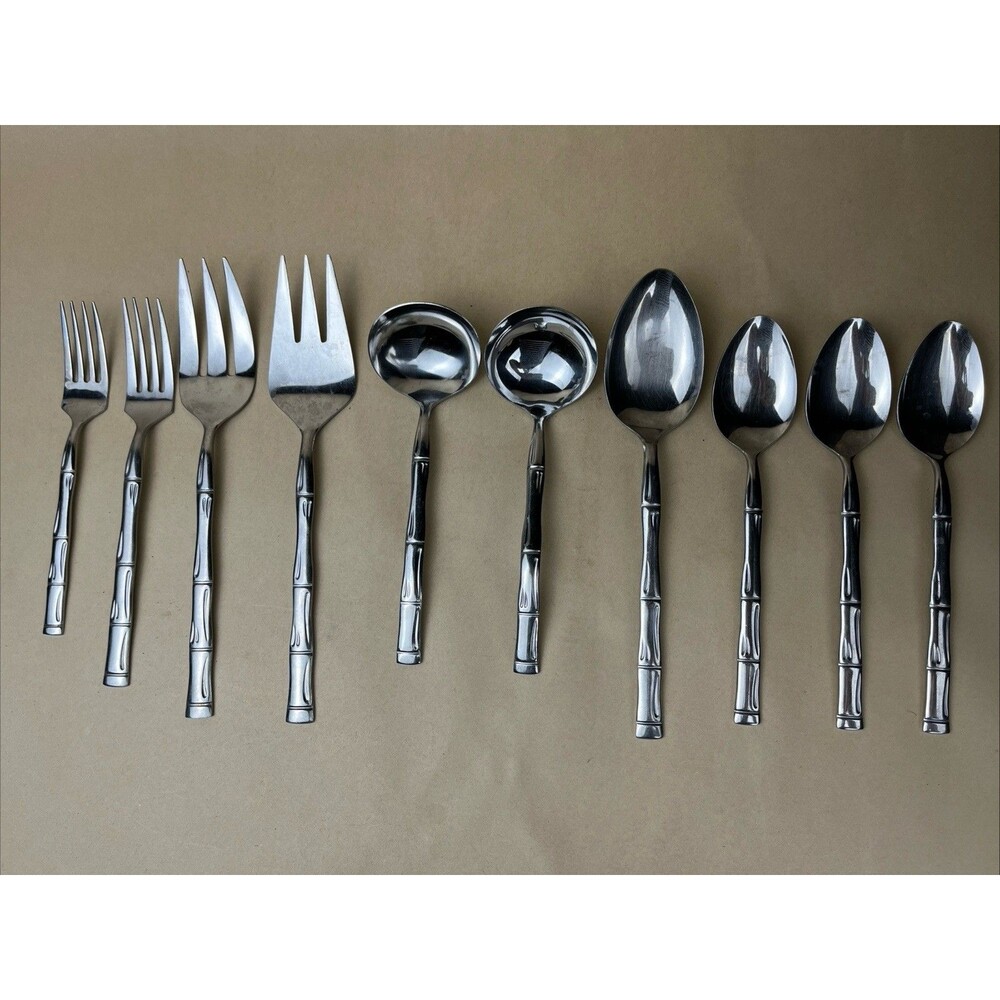 10 Pcs VTG Japan Bamboo Handle Stainless Steel Serving Ladle Fork Spoon Flatware